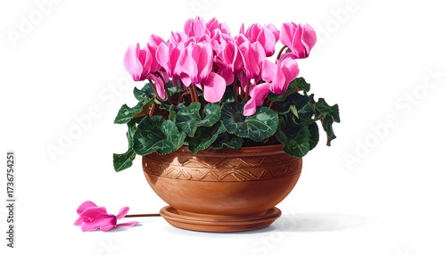 Wallpaper Mural A terracotta planter filled with vibrant pink cyclamen blooms, set against a pristine white backdrop. Torontodigital.ca