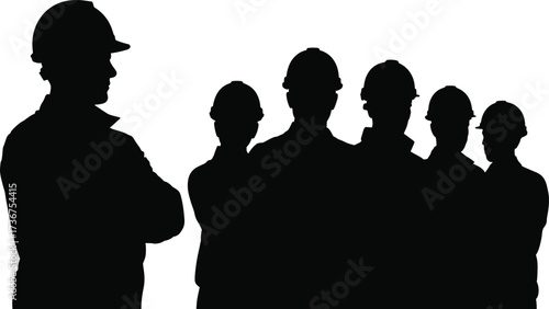 Silhouette of construction supervisor with workers crew, contractor leadership teamwork illustration, builder manager with laborers in hard hats, construction team vector silhouettes set