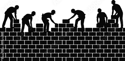 Silhouette of bricklayers building tall brick wall, construction teamwork illustration, masonry workers contractor laborers on site, builders laying bricks vector silhouette set
