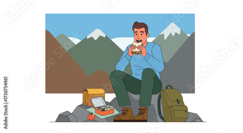 Man Eating Sandwich During Hike In Mountains With Backpack And Lunchbox