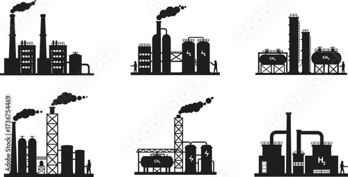 Industrial chemical plant silhouettes, petrochemical facility vector, refinery illustration, methane ethane hydrogen production, technical flat drawing, black building icons, energy infrastructure