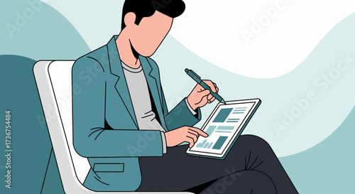 Man using tablet with stylus and drawing on it while working on a detailed project plan