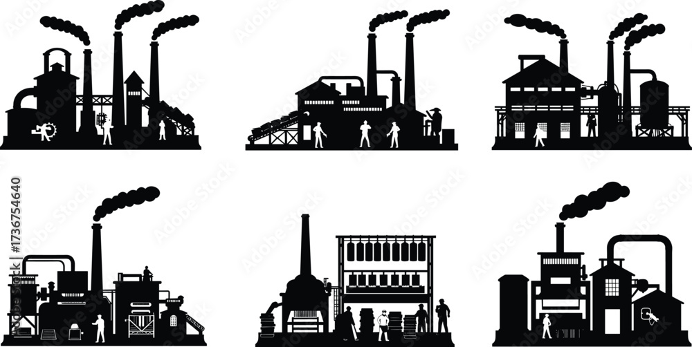 Obraz premium Industrial factory silhouettes, manufacturing plant vector, technical flat drawing, black building icons