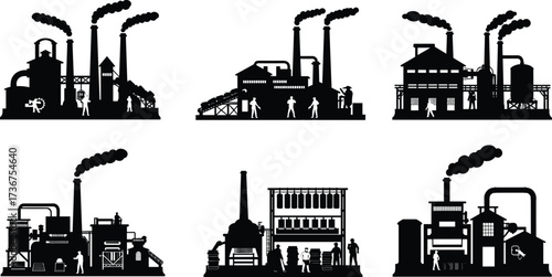 Industrial factory silhouettes, manufacturing plant vector, technical flat drawing, black building icons
