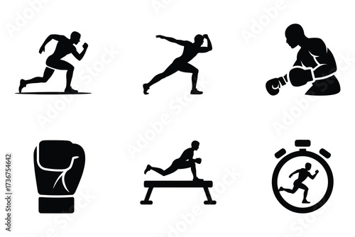 Diverse sports icons featuring running boxing weightlifting and stopwatch silhouettes