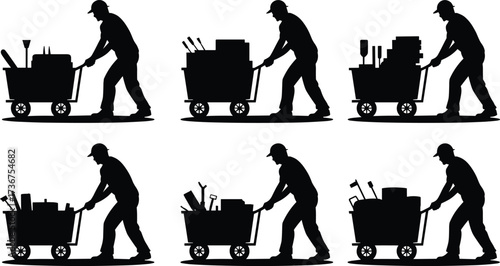Silhouettes of construction workers pushing carts with tools and materials, laborer contractor handyman illustration, builder equipment transport, construction site worker vector set