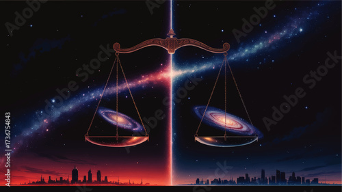Cosmic Balance Scales with Galaxies and City Silhouette, Surreal Space Justice Concept, Night Sky and Universe Art