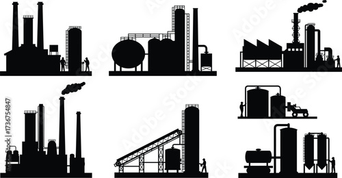 Industrial facility silhouette, factory plant vector, refinery infrastructure design, chemical processing industry, power plant illustration, cad drawing flat vector illustration