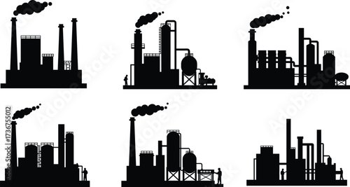 Industrial factory silhouette, manufacturing plant vector, refinery infrastructure illustration, chemical industry facility, power plant design, cad drawing flat vector illustration