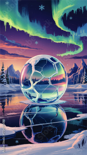Surreal Frozen Soccer Ball on Icy Lake with Northern Lights, Snowy Mountains, and Winter Landscape at Sunset – Vibrant Digital Art
