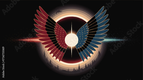 Dual Colored Angel Wings Abstract Vector - Red and Blue Wings with Celestial Glow, Cosmic Light, and Mystical Black Background