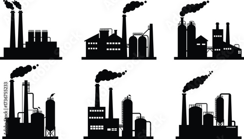 Industrial factory silhouettes, manufacturing plant vector, technical flat drawing, black building icons, smoke chimneys, industrial architecture, infrastructure design, factory illustration set