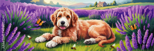Cute Labradoodle Dog Relaxing in Vibrant Lavender Field with Butterflies and Bees, Countryside Landscape Illustration