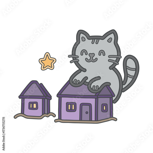 Microworld: cute cat resting on a stack of books with fluffy clouds. Kawaii doodle vector illustration in pastel colors, perfect for posters, stickers, cards, and kids design.