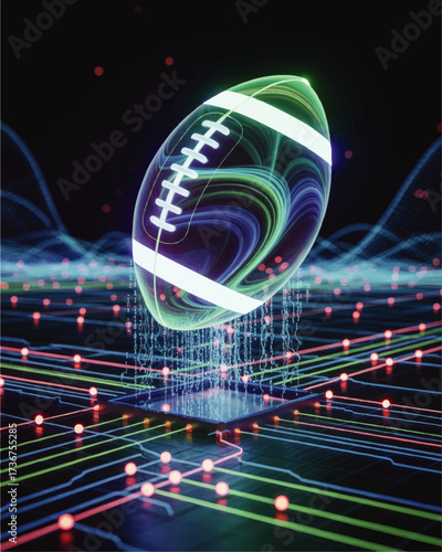 Futuristic Glowing Digital Football Hologram on Circuit Board with Neon Lights and Data Streams – Technology and Sports Innovation Concept