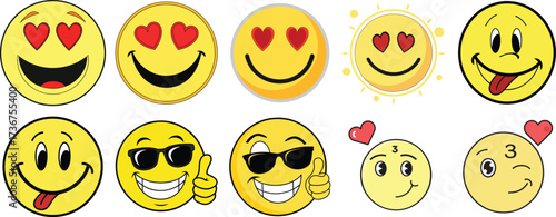 Yellow smiley faces with red heart eyes and sunglasses