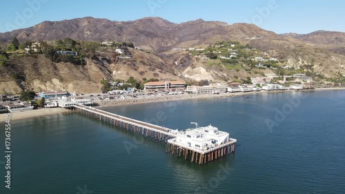Aerial drone view of Malibu pier  Los Angeles California showing the beautiful Pacific Coastline