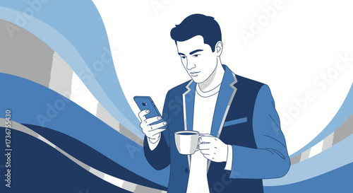 Man Viewing Smartphone While Holding Coffee Cup with Abstract Blue Wave Background