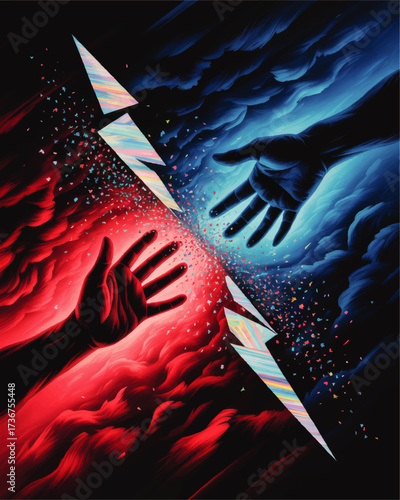 Surreal Duality Illustration of Red and Blue Hands Reaching Across Lightning Bolt, Abstract Energy, Conflict and Connection Concept