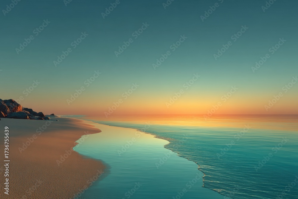 Fototapeta premium A serene beach scene at sunset. The calm ocean reflects the warm colors of the sky. Soft sand stretches along the shoreline, with gentle waves lapping at the beach.