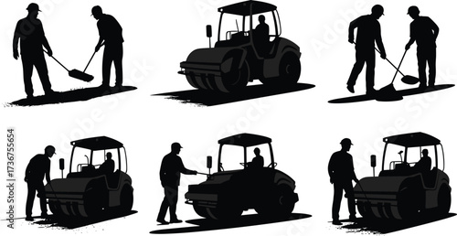 Silhouettes of road construction workers with roller machine, asphalt paving teamwork illustration set, contractor silhouettes, workers repairing road surface with tools and heavy equipment