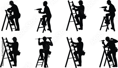 Silhouettes of construction workers on ladders, handyman drilling and climbing illustration set, contractor ladder safety silhouettes, electrician ladder work poses, builder ladder toolkit silhouettes