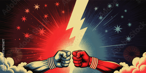 Vintage Pop Art Comic Style Rival Fists Clash with Lightning Bolt, Red vs Blue Power, Explosive Dynamic Energy Background