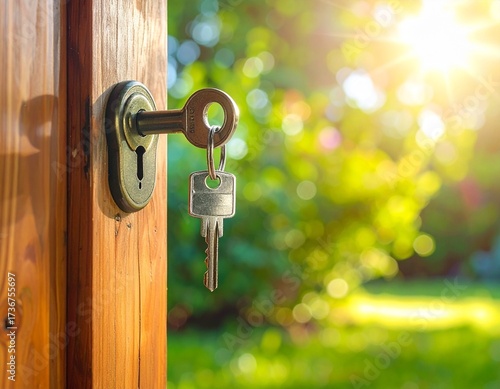 Close-up of a house key inserted into the lock of a partially open wooden door, with a bright, blurred green garden or nature background