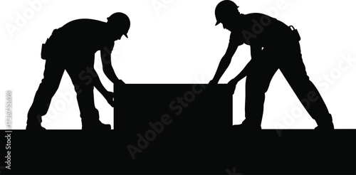 Silhouette of two construction workers lifting block, teamwork labor illustration, builder duo carrying heavy load, contractor silhouettes, construction site safety and cooperative lifting teamwork