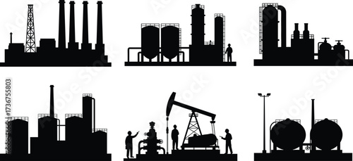 Oil and gas facility silhouettes, chemical plant vector, refinery illustration, LNG storage tanks, pumpjack drawing, technical flat design, industrial infrastructure