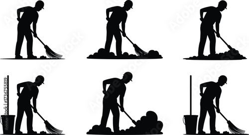 Silhouette of sanitation worker sweeping garbage, janitor cleaning with broom and bucket, street cleaner illustration, debris removal, housekeeping silhouettes, maintenance