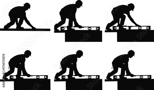 Silhouette of worker using spirit level tool on construction site, measuring balance, precision labor, building accuracy, construction task, surface alignment illustration