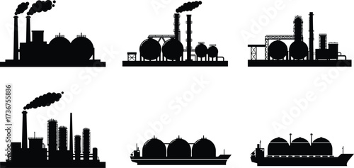 Oil and gas industry silhouettes, refinery vector, LNG carrier ship illustration, petrochemical plant drawing, technical flat design, industrial energy infrastructure
