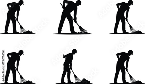Silhouette of workers sweeping with rakes, cleaning ground, sanitation, labor, workplace safety, site maintenance, construction cleanup, street workers, industrial sanitation illustration