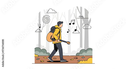 Man walking with guitar through a forest, music notes in the background vector art