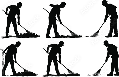 Silhouette of workers sweeping with rakes and brooms, cleaning site, labor, maintenance, street cleaning, construction cleanup, sanitation workers, workplace safety illustration