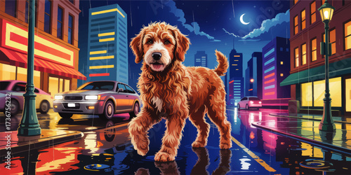 Adorable curly dog walking on vibrant rainy city street at night, colorful neon reflections, urban pet illustration, moonlit scene