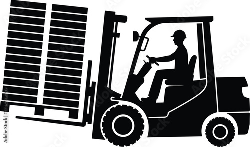 Silhouette of forklift truck with worker driving, carrying loaded pallet, warehouse logistics, material handling, industrial transport, cargo moving, construction equipment illustration