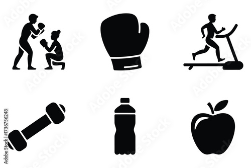 Fitness and sport icons collection silhouette symbols for healthy lifestyle workout training and nutrition