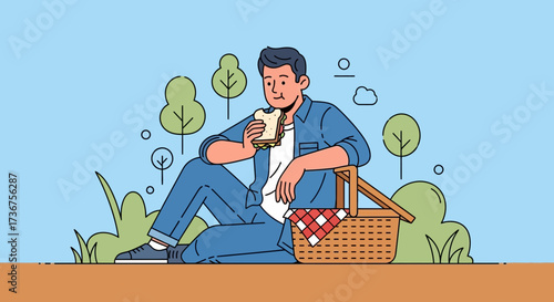 Man enjoying a picnic outdoors eating sandwich and relaxing in nature near park