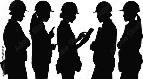 Silhouette of construction workers team with helmets, planning project, site engineers, teamwork with clipboard and tablet, building management, industrial labor illustration