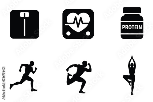 Fitness and health icons silhouette set weight scale heartbeat monitor protein supplement runners yoga