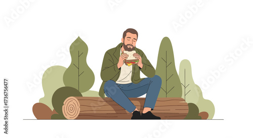 Man Enjoying a Sandwich While Sitting on a Log Surrounded By Nature