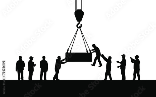 Silhouettes of construction workers guiding crane lifting load, teamwork coordination, heavy equipment operation, construction site labor safety, industrial teamwork illustration