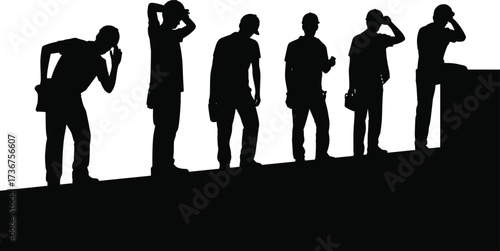 Silhouettes of construction workers resting and wiping sweat, labor fatigue, occupational health safety, industrial site break, worker exhaustion management, heat stress illustration