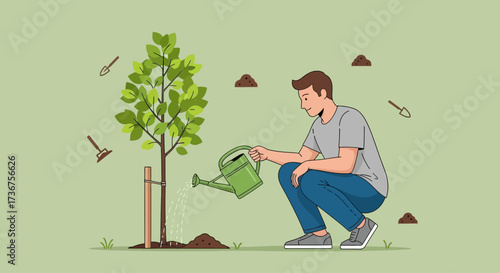 Man watering a newly planted tree illustrating environment conservation efforts