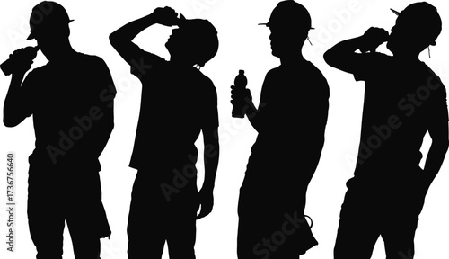 Silhouettes of construction workers drinking water during break, hydration safety, occupational health, labor rest period, industrial site refreshment, worker wellness illustration