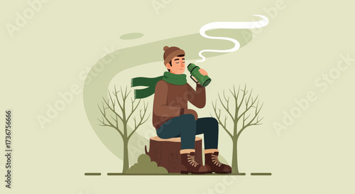 Man enjoying a warm beverage from a thermos while sitting outdoors in winter
