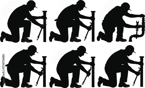 Silhouettes of construction workers using wrenches to tighten scaffolding pipes, kneeling laborers assembling structure, site maintenance teamwork, building project illustration