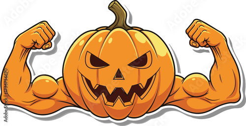 Cartoon halloween pumpkin flexing strong muscles for a funny and spooky celebration